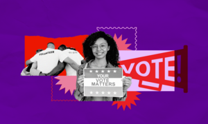 Young Black woman with sign saying "Your Vote Matters", a group of volunteers in the background.