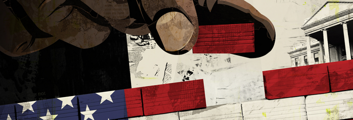 Person of Color's hand placing a brick onto the United States flag, which is made of bricks.