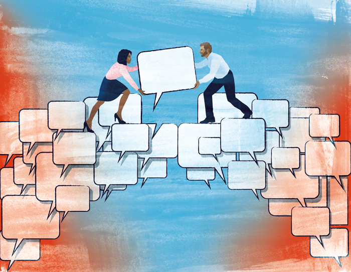 Two people building a bridge with dialogue call out boxes.