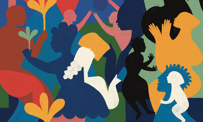 Colorful and stylized silhouettes of people.