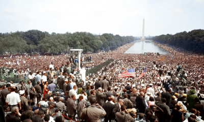 Hundreds of thousands of people gather at the Lincoln Memorial during the 1963 March on Washington for Jobs and Freedom.
