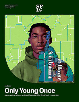 a Black teenager in front of a map of Alabama