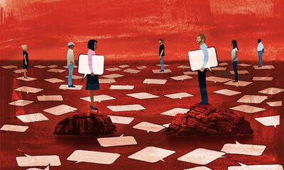 Illustration of group of diverse people with dialogue boxes facing one another.