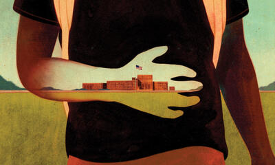 Illustration of youth with arm across stomach and imposed image of school