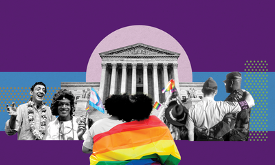 Collage image of historical and contemporary LGBTQ+ people with rainbow flag in front of the Supreme Court