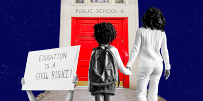 School Vouchers - image of public school, parent and child and person with sign "Education is a civil right."