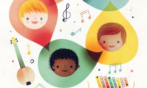 Teaching Tolerance illustration of multicultural children faces inside colorful drops surrounded by instruments and music