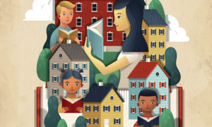 Illustration of several people reading books, superimposed over various houses and top of a large book.