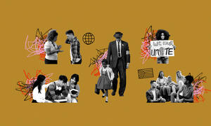 Collage images of young people and adults uniting against hate and supporting one another.
