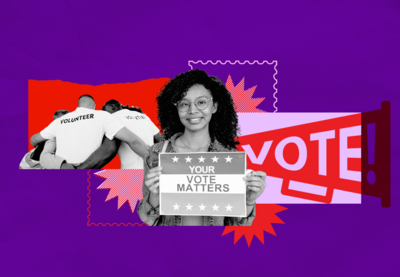 Young Black woman with sign saying "Your Vote Matters", a group of volunteers in the background.