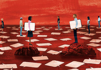 Illustration of group of diverse people with dialogue boxes facing one another.