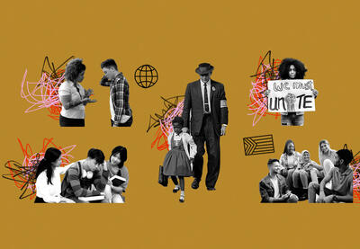 Collage images of young people and adults uniting against hate and supporting one another.