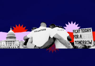 Collage image of US Capitol and people working together with sign that reads fight today for a better tomorrow