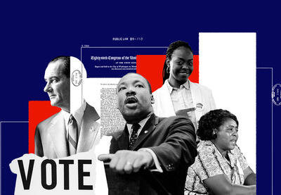 Collage image of historical voting rights advocates and the Voting Rights Act along with a young voter today.