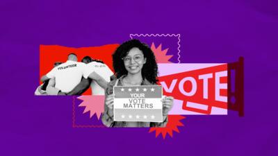 Young Black woman with sign saying "Your Vote Matters", a group of volunteers in the background.