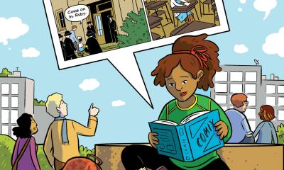 Illustration of student reading graphic novel about social justice