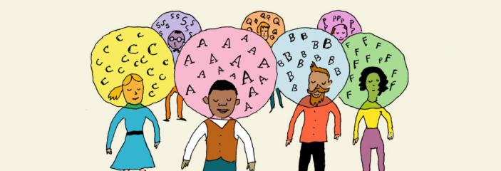 group of people with bubbles over their heads