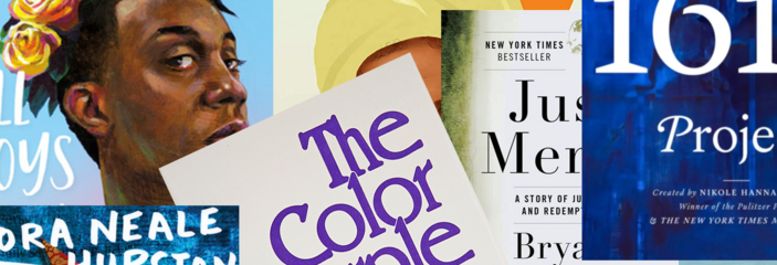 Book covers of books that have been banned including The 1619 Project, The Color Purple, All Boys Aren't Blue