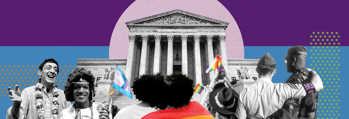 Collage image of historical and contemporary LGBTQ+ people with rainbow flag in front of the Supreme Court