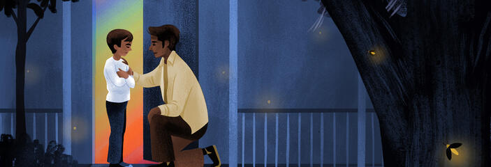 Illustration by Nicole Album - two brothers on the porch talking, evening with fireflies