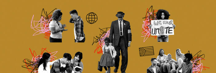 Collage images of young people and adults uniting against hate and supporting one another.