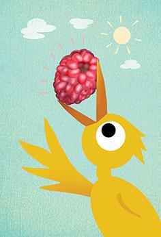 A yellow bird holds a raspberry in her long beak. The sun shines in the background.