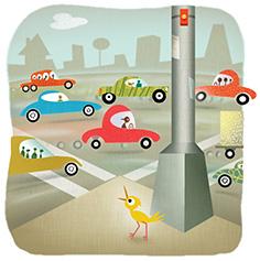 The yellow bird stands near a stoplight at a busy intersection.