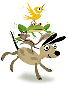 The yellow bird stands on a green frog who is standing on a chatty chipmunk who stands on the back of the little dog.