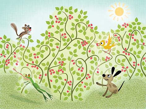 The animals enjoy the berry bushes with the sun shining in the background.