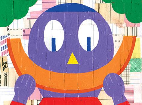 A boy eats fruit smiling.
