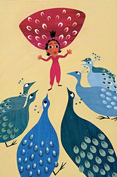 Seven blue peacocks surround a girl with red peacock feathers.