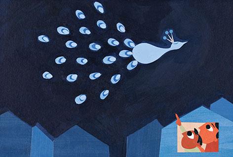 A blue peacock flies high in the night sky. Two people watch from their window.