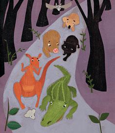 Animals walk down a path between dark trees.