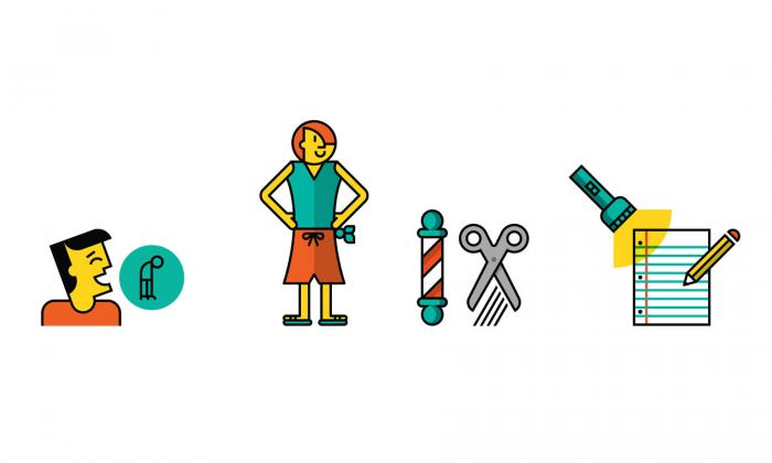 Teaching Tolerance illustration icons bullying, standing, barbershop and notepad with flashlight