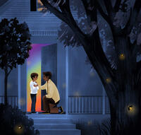 Illustration by Nicole Album - two brothers on the porch talking, evening with fireflies